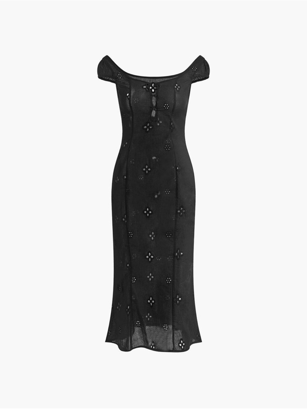 Keyhole Neckline Cap-Sleeve Cotton Midi Dress